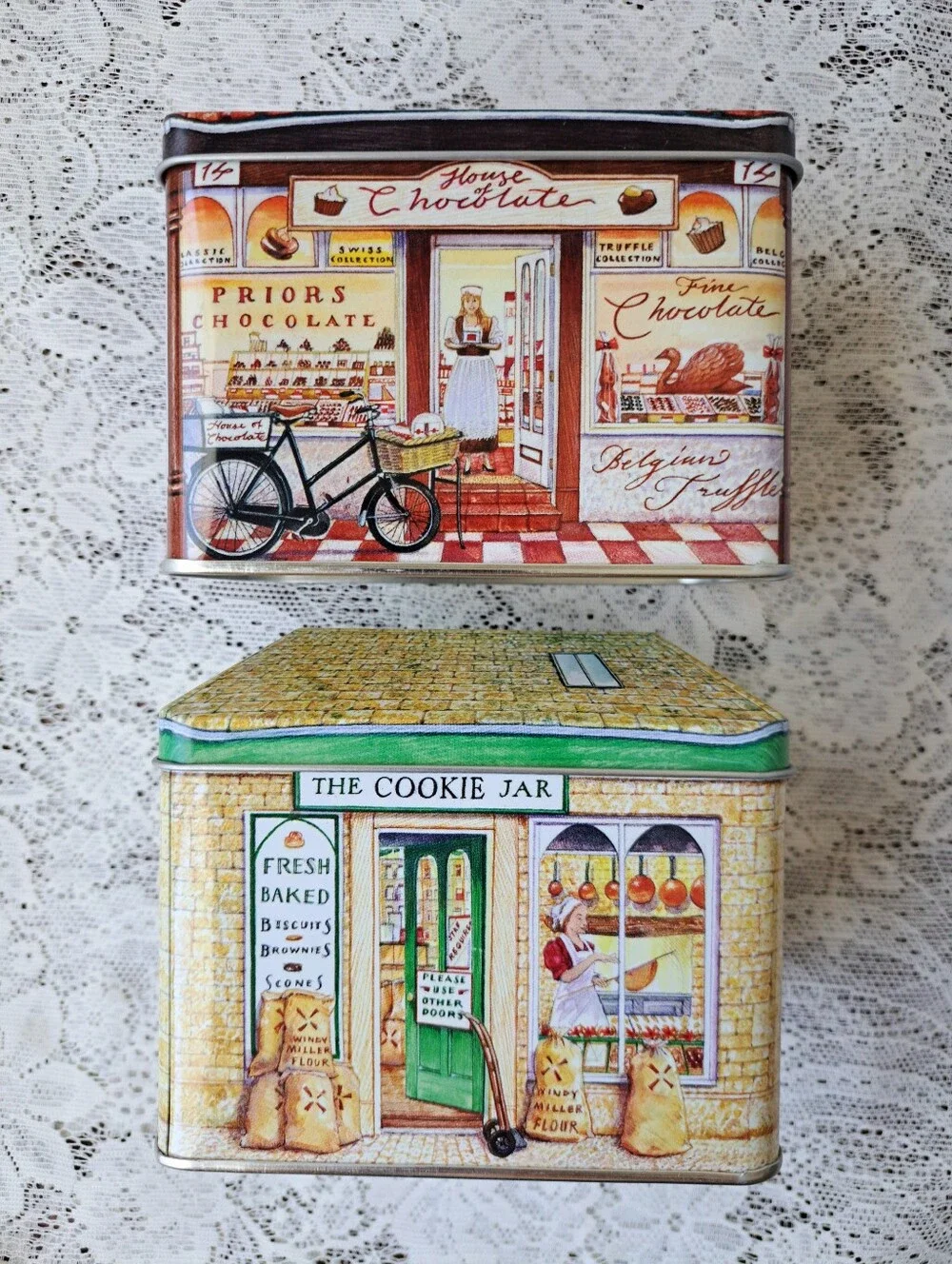 2 Adorable Retro Collectible Tea Tins Bakery & Chocolate Shop Farmhouse Decor